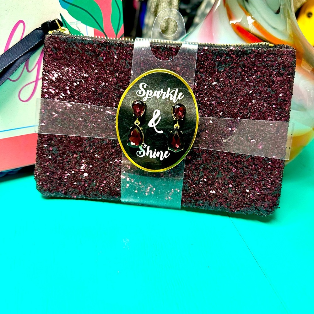 Deep Purple sparkle and shine glitter wallet with gemstone earrings
